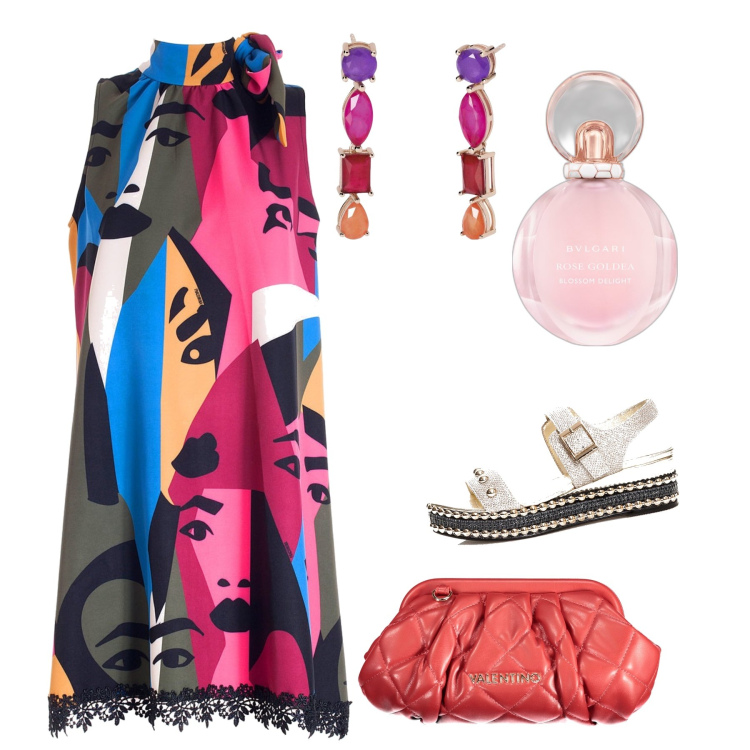 Outfit donna - Colourfull. Stile Glamour per Serata fuori. Abbinamento con profumi, orecchini, vestiti senza maniche, sandali, borse a mano.