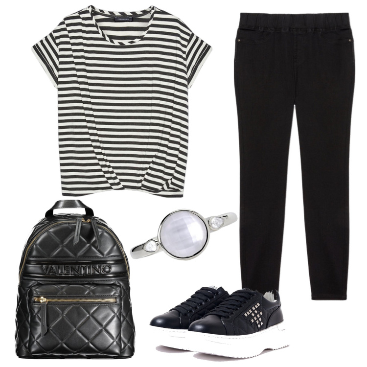 Outfit donna - Sportiva, ma non troppo. Stile Etnico per Tutti i giorni. Abbinamento con anelli, sneakers, jeggings, t-shirt, zaini.