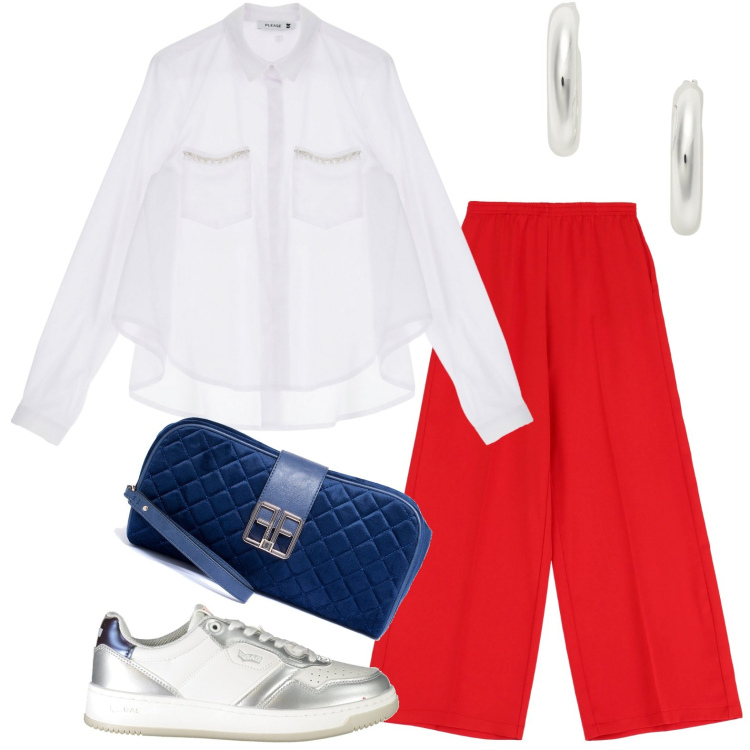 Outfit donna - Fine agosto. Stile Glamour per Serata fuori. Abbinamento con camicie, pochette, pantaloni a palazzo, orecchini, sneakers.
