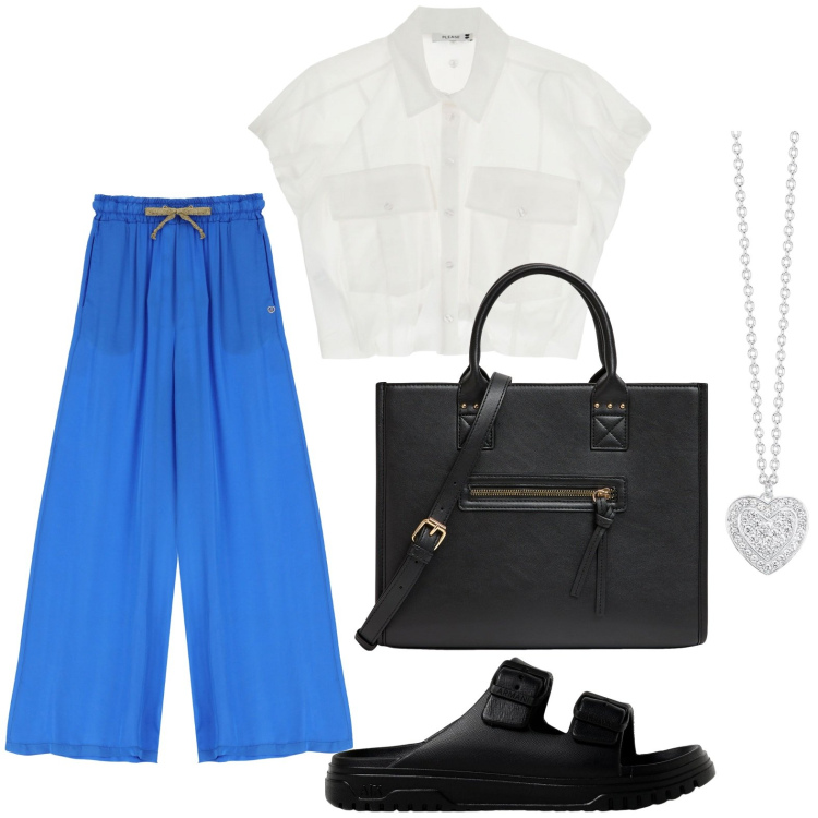 Outfit donna - Stile minimal. Stile Basic per Tutti i giorni. Abbinamento con shopping bag, collane, pantaloni a palazzo, camicie, sandali.
