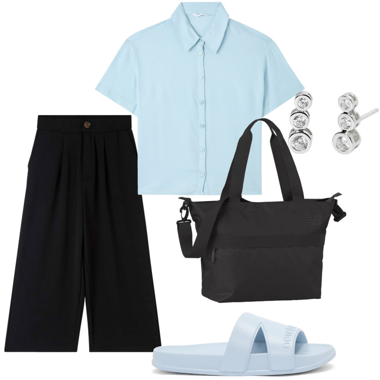 Outfit donna - Ultimi giorni di agosto. Stile Casual per Tutti i giorni. Abbinamento con camicie a manica corta, pantaloni a palazzo, orecchini, borse tote, sandali.