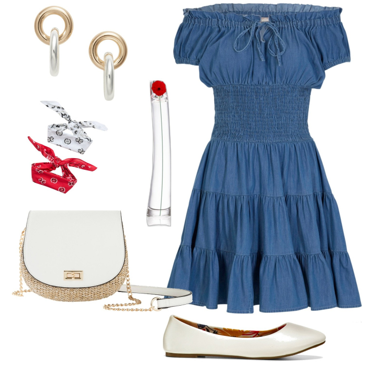 Outfit donna - L\'abitino di jeans. Stile Casual chic per Tutti i giorni. Abbinamento con borse a tracolla, ballerine, vestiti corti, profumi, fasce per capelli, orecchini.