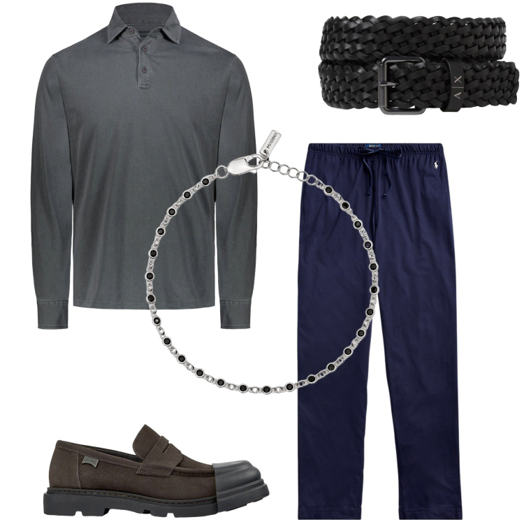 Outfit uomo - In ufficio. Stile Business/Elegante per Ufficio. Abbinamento con braccialetti, pantaloni, cinture, scarpe stringate, polo.