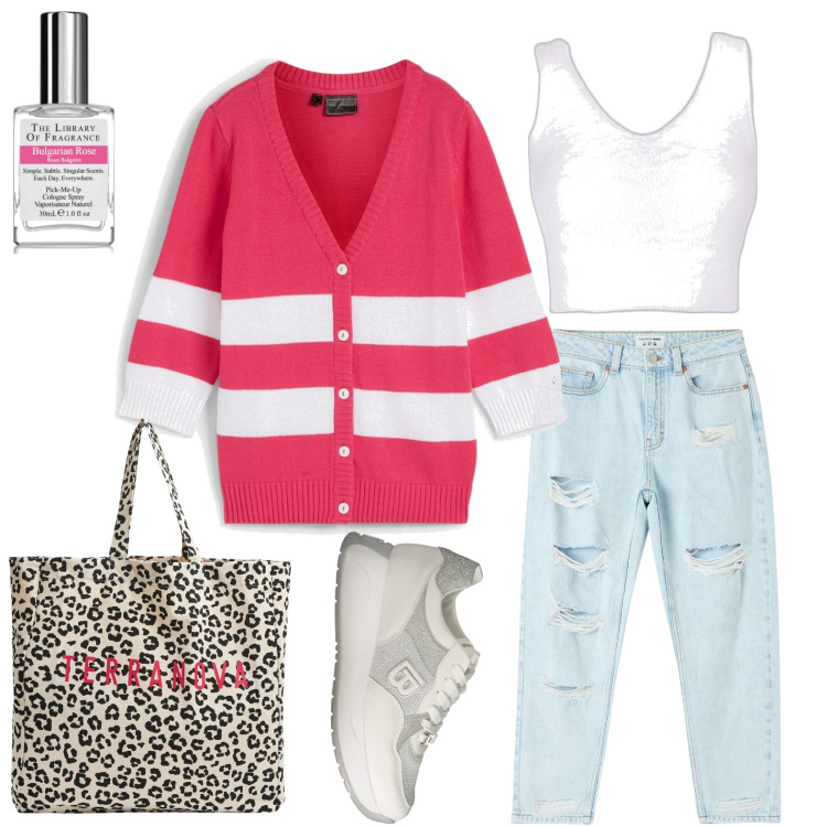 Outfit donna - Fragola. Stile Basic per Tutti i giorni. Abbinamento con cardigans, jeans mom, shopping bag, profumi, top, sneakers.