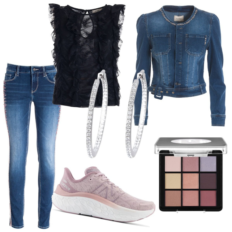 Outfit donna - Sera di fine Agosto. Stile Casual per Tutti i giorni. Abbinamento con ombretti, orecchini, sneakers, top, blazer, jeans skinny.