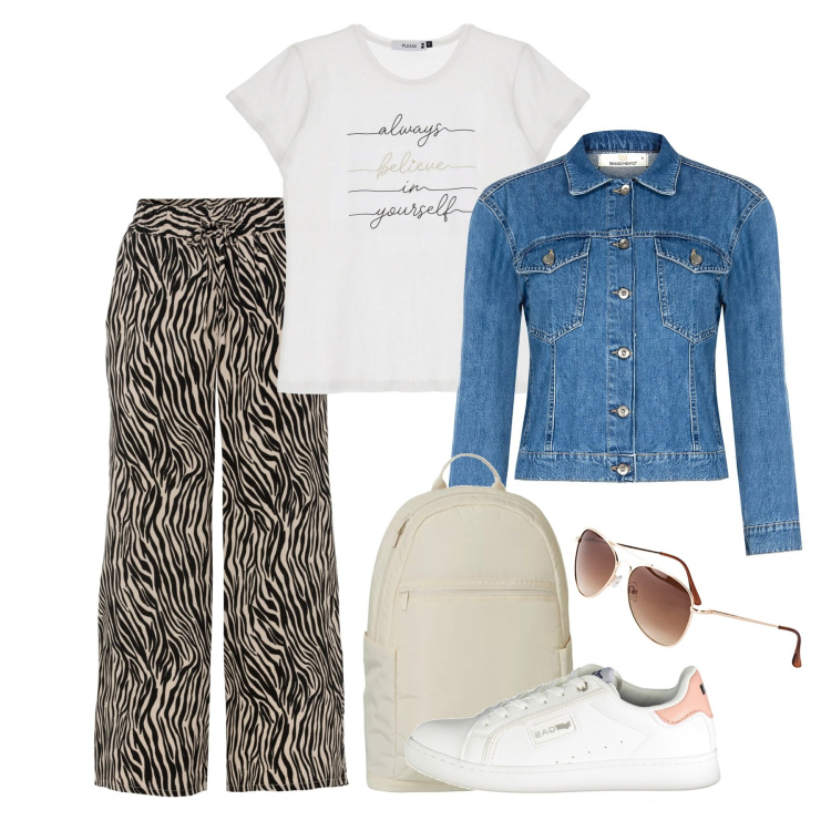 Outfit donna - Cominciamo bene. Stile Casual per Tutti i giorni. Abbinamento con pantaloni culotte, occhiali da sole, zaini, blazer, t-shirt, sneakers.