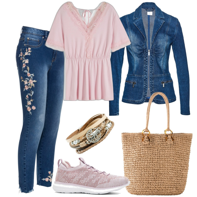 Outfit donna - Total look #1948060. Stile Casual per Tutti i giorni. Abbinamento con jeans, braccialetti, sneakers, blazer, maglieria, shopping bag.