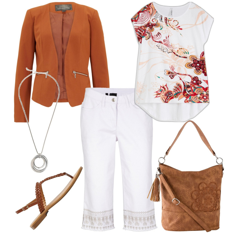 Outfit donna - Total look #1948063. Stile Casual per Tutti i giorni. Abbinamento con borse a mano, blazer, jeans, maglieria, collane, ciabatte.