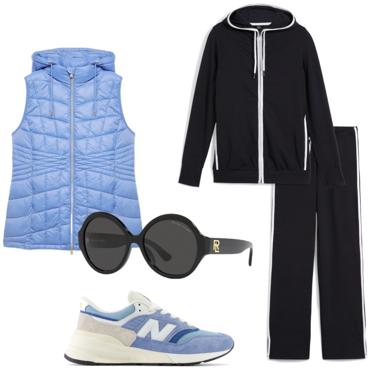 Outfit donna - Fitness con smanicato. Stile Urban per Sport. Abbinamento con tute sportive, scarpe sportive, occhiali da sole, piumini.