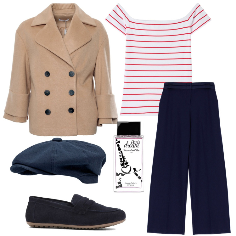 Outfit donna - Paris dream. Stile Chic per Tutti i giorni. Abbinamento con mocassini, profumi, t-shirt, cappotti, pantaloni, cappelli.