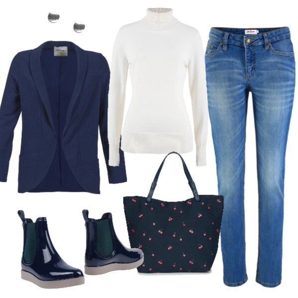 Outfit donna - basic con stile. Stile Basic per Scuola/Università. Abbinamento con jeans skinny, maglia a coste collo a dolcevita con polsini, stivaletti chelsea con zeppe e punta tonda tinta unita, giacca blu, borsa petite nero, orecchini a bottone farfalla.