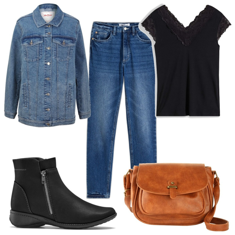 Outfit donna - Bonprix FW24 - settembre in denim. Stile Casual per Tutti i giorni. Abbinamento con borse a tracolla, stivaletti, maglieria, blazer, jeans dritti.