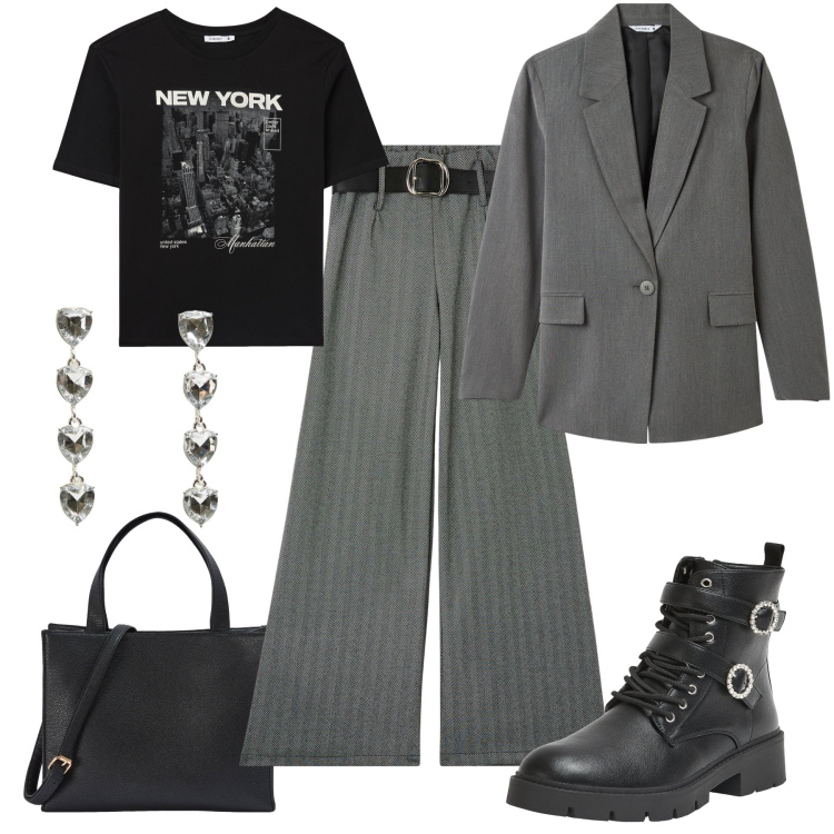 Outfit donna - Grigio e anfibi con strass in ufficio. Stile Casual chic per Ufficio. Abbinamento con anfibi, t-shirt, orecchini, pantaloni, blazer, shopping bag.