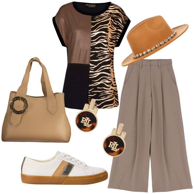 Outfit donna - Total look #1948235. Stile Casual chic per Tutti i giorni. Abbinamento con maglieria, cappelli, pantaloni a palazzo, sneakers, orecchini, borse a spalla.