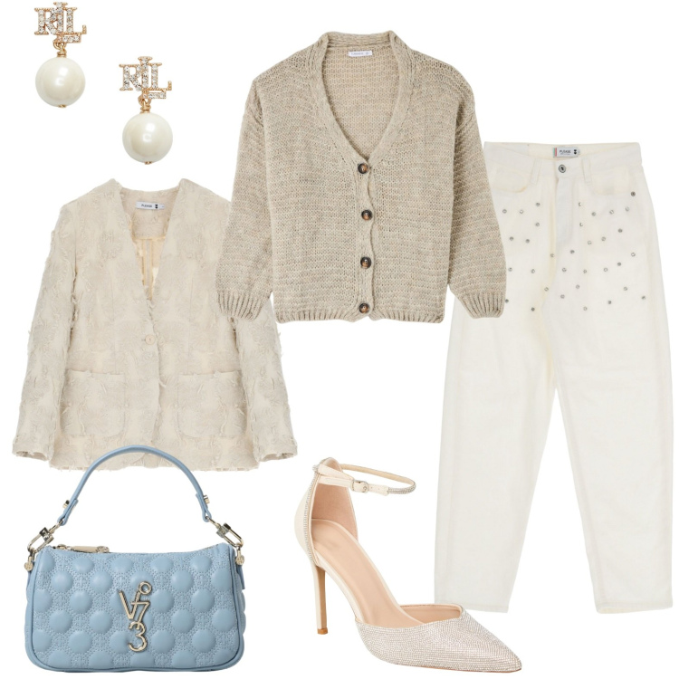 Outfit donna - Panna e puffo. Stile Chic per Ufficio. Abbinamento con cardigans, décolleté, pantaloni, blazer, orecchini, borse a mano.