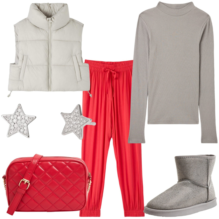 Outfit donna - Comoda in autunno. Stile Basic per Tutti i giorni. Abbinamento con stivali, pantaloni, piumini, t-shirt, borse a tracolla, orecchini.