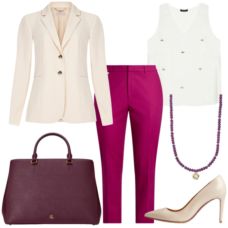 Outfit donna - Stile chic. Stile Chic per Ufficio. Abbinamento con collane, blazer, borse a mano, pantaloni, décolleté, top.