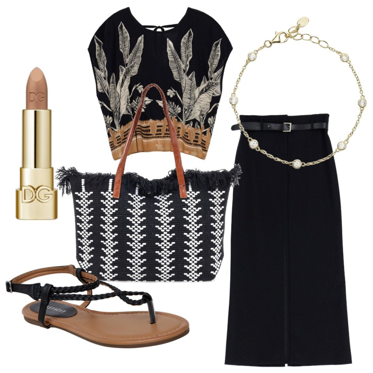 Outfit donna - Total look #1948322. Stile Etnico per Ufficio. Abbinamento con rossetti, ciabatte, braccialetti, gonne lunghe, bluse, borse a spalla.