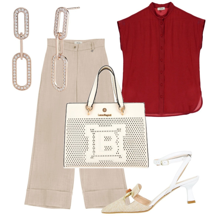 Outfit donna - Bon ton da ufficio. Stile Bon Ton per Ufficio. Abbinamento con orecchini, sandali col tacco, pantaloni a palazzo, camicie, borse a mano.