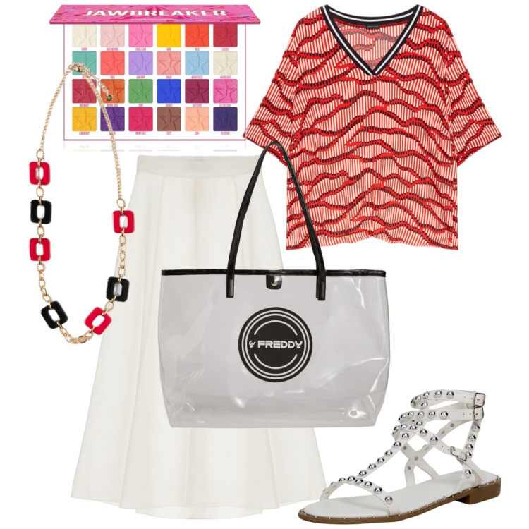 Outfit donna - Colore al rientro. Stile Bon Ton per Ufficio. Abbinamento con ombretti, sandali, shopping bag, gonne lunghe, bluse, ciondoli.