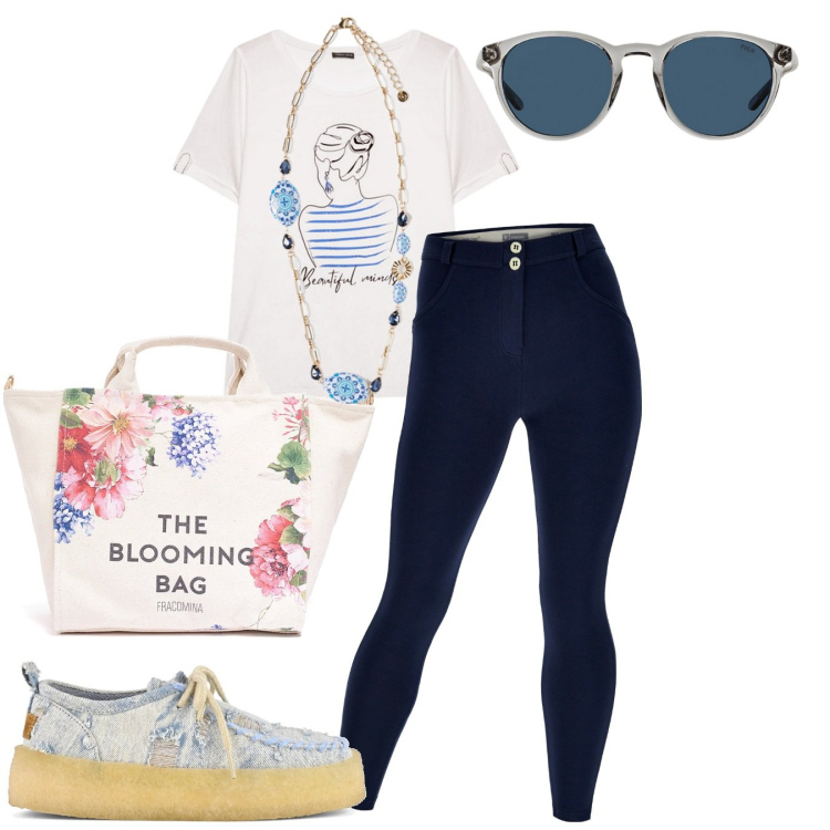 Outfit donna - Shopping. Stile Rock per Tutti i giorni. Abbinamento con borse tote, pantaloni skinny, occhiali da sole, mocassini, t-shirt, ciondoli.