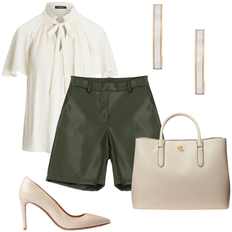 Outfit donna - Chic con gli shorts. Stile Chic per Serata fuori. Abbinamento con shorts, camicie, décolleté, borse a mano, orecchini.
