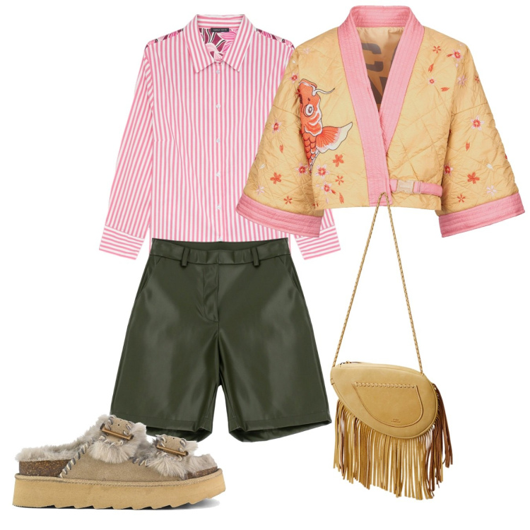 Outfit donna - La mia città. Stile Trendy per Tutti i giorni. Abbinamento con shorts, borse a tracolla, kimono, sandali, camicie.