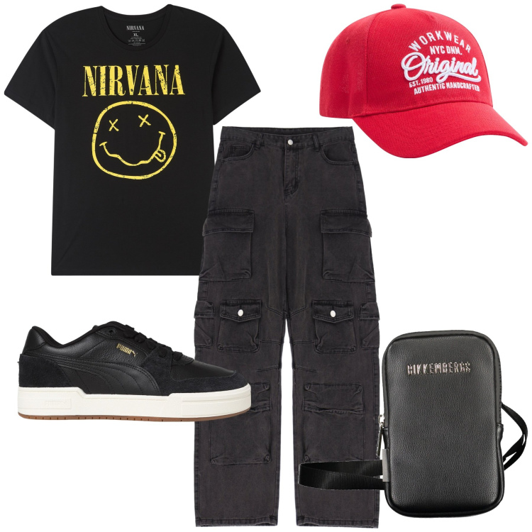 Outfit uomo - Il berretto rosso. Stile Urban per Tutti i giorni. Abbinamento con cappelli, t-shirt, pantaloni cargo, cinture, sneakers.