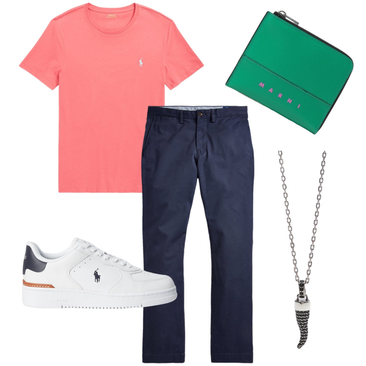 Outfit uomo - Con il portafortuna. Stile Urban per Ufficio. Abbinamento con collane, sneakers, pantaloni, t-shirt, portafogli.
