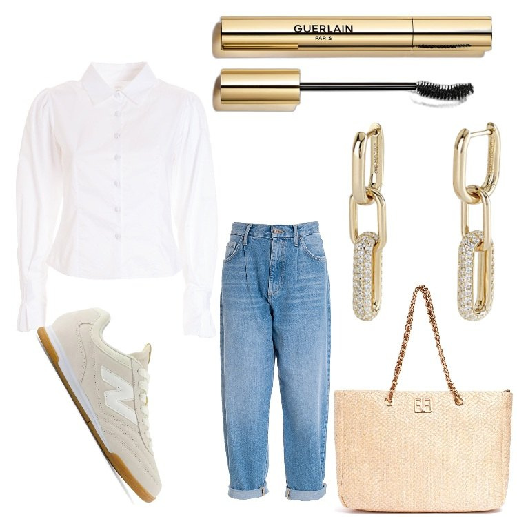Outfit donna - Oro e jeans. Stile Casual per Tutti i giorni. Abbinamento con mascara, orecchini, sneakers, jeans, camicie, borse a spalla.