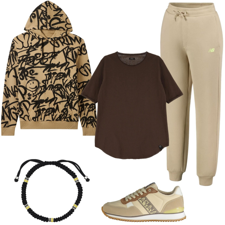 Outfit uomo - Sporty. Stile Urban per Tutti i giorni. Abbinamento con felpe con cappuccio, braccialetti, pantaloni, t-shirt, sneakers.
