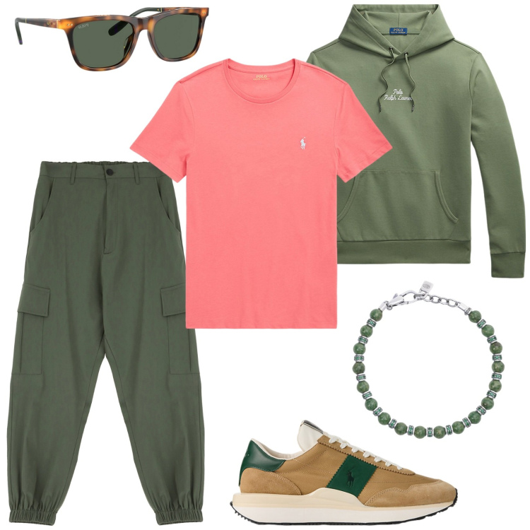 Outfit uomo - Casual. Stile Casual per Tutti i giorni. Abbinamento con braccialetti, pantaloni cargo, t-shirt, felpe con cappuccio, occhiali da sole, sneakers.