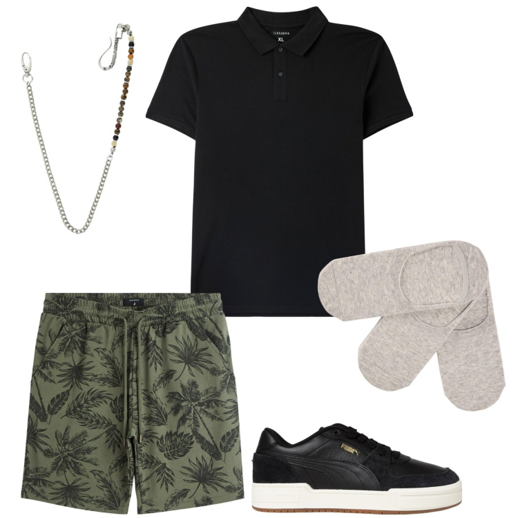 Outfit uomo - Una giornata al lago. Stile Casual per Tutti i giorni. Abbinamento con bermuda, calzini, polo, collane, sneakers.