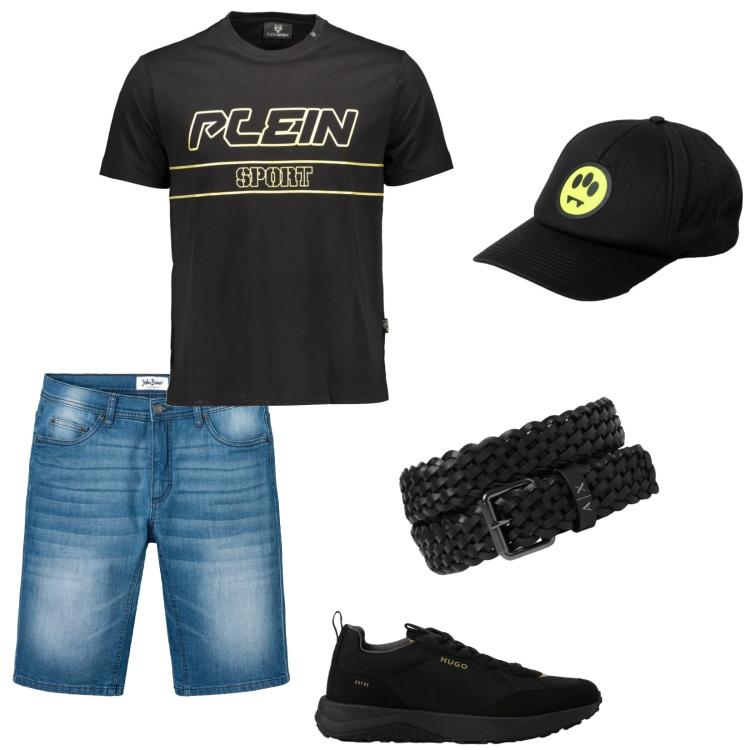 Outfit uomo - Alla partita di basket. Stile Urban per Tutti i giorni. Abbinamento con bermuda, t-shirt, cappelli, cinture, sneakers.