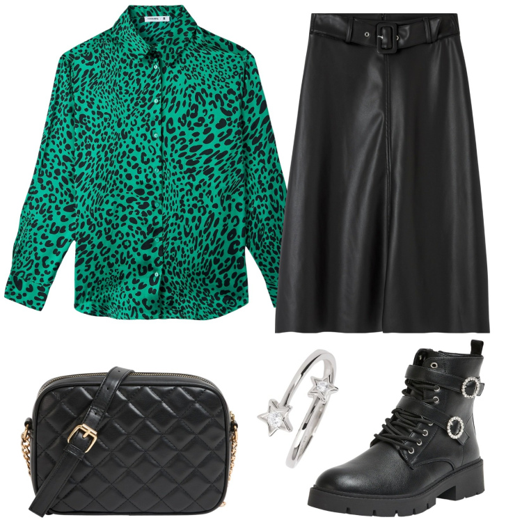 Outfit donna - Una sera rock. Stile Rock per Serata fuori. Abbinamento con anfibi, borse a tracolla, gonne longuette, camicie, anelli.