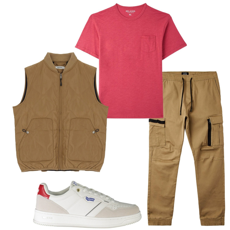 Outfit uomo - In città. Stile Trendy per Tutti i giorni. Abbinamento con t-shirt, pantaloni cargo, gilet, sneakers.
