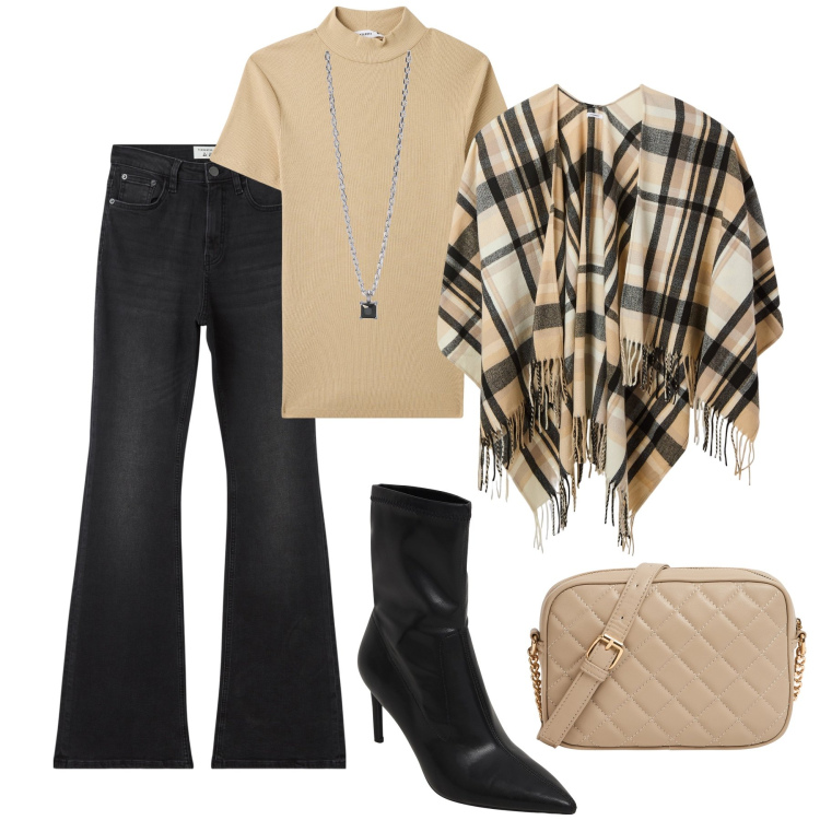 Outfit donna - Mantella, jeans e stivaletti stretch. Stile Trendy per Tutti i giorni. Abbinamento con stivaletti, jeans a zampa, t-shirt, cappe, borse a tracolla, collane.