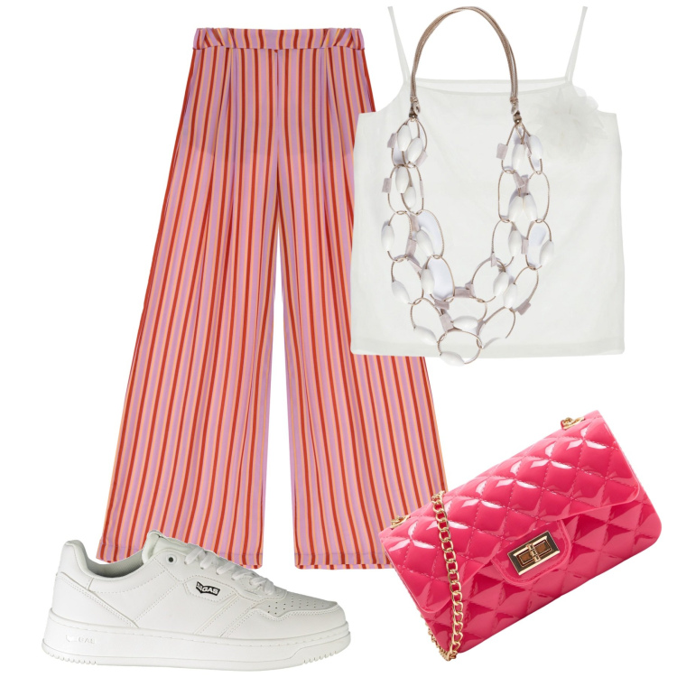 Outfit donna - Carina quanto basta. Stile Casual chic per Tutti i giorni. Abbinamento con borse a tracolla, pantaloni a palazzo, top, collane, sneakers.