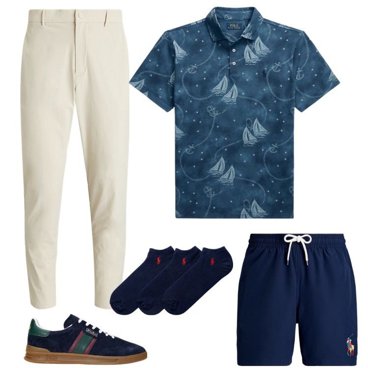 Outfit uomo - Una giornata al mare. Stile Casual per Mare. Abbinamento con calzini, polo, pantaloni, costumi, sneakers.