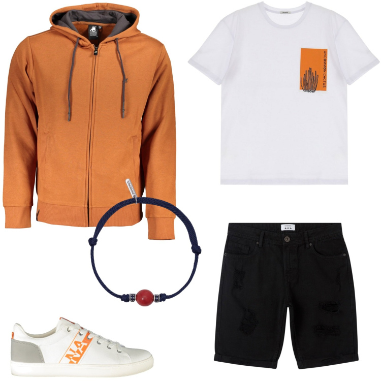 Outfit uomo - In giro con gli amici. Stile Casual per Tutti i giorni. Abbinamento con bermuda, braccialetti, t-shirt, felpe con cappuccio, sneakers.