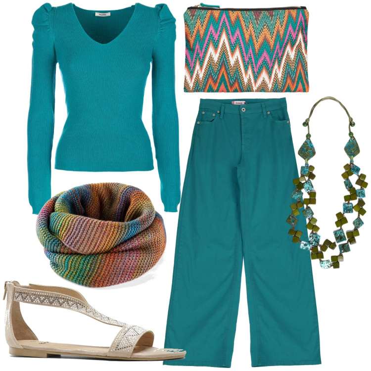 Outfit donna - Total look #1948485. Stile Casual per Tutti i giorni. Abbinamento con foulard, sandali, maglieria, jeans, collane, pochette.