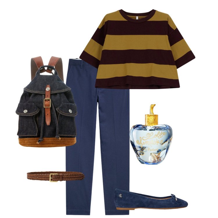 Outfit donna - Turista in città. Stile Casual chic per Tutti i giorni. Abbinamento con profumi, t-shirt, pantaloni chino, zaini, ballerine, cinture.