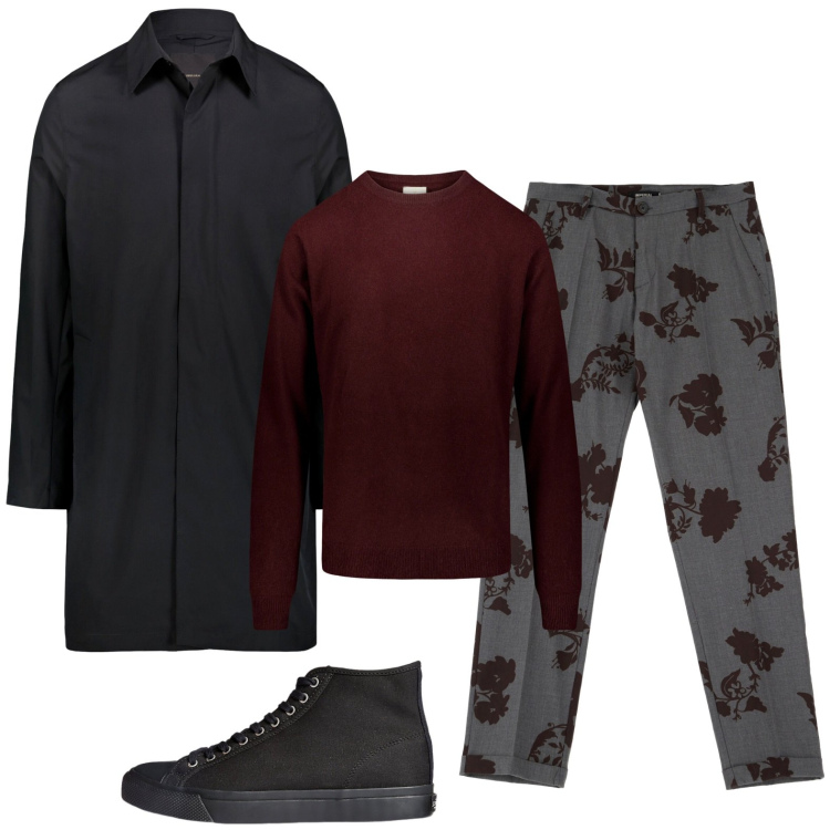 Outfit uomo - Grigio e wine. Stile Trendy per Ufficio. Abbinamento con pantaloni, sneakers, maglieria, giacche.