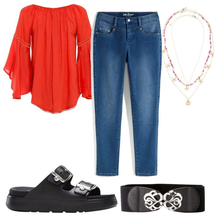 Outfit donna - Bonprix FW 24 -in jeans a settembre. Stile Trendy per Tutti i giorni. Abbinamento con ciabatte, cinture, bluse, jeans slim fit, ciondoli.