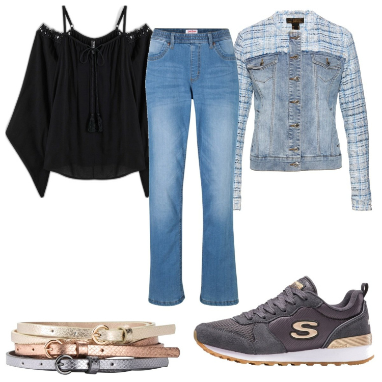 Outfit donna - Bonprix FW24 - denim è trendy. Stile Trendy per Tutti i giorni. Abbinamento con bluse, sneakers, cinture, blazer, jeans dritti.