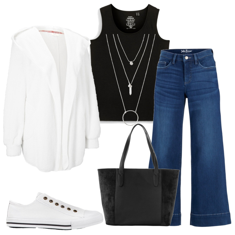 Outfit donna - Bonprix. Stile Casual per Tutti i giorni. Abbinamento con jeans a zampa, ciondoli, shopping bag, sneakers, blazer, canottiere.