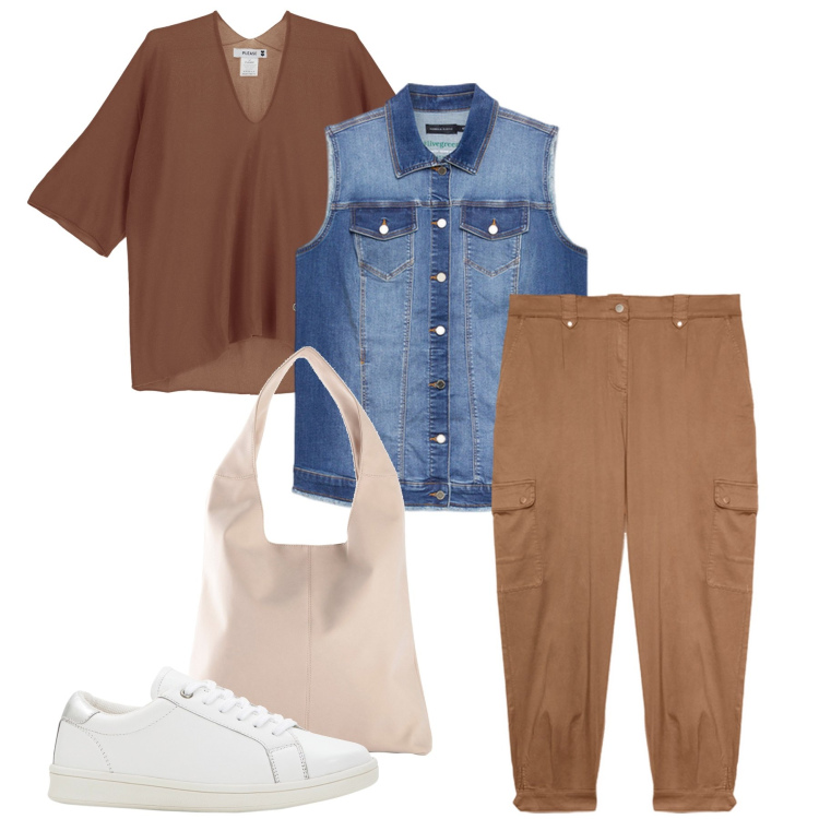 Outfit donna - Il gilet in jeans. Stile Casual chic per Tutti i giorni. Abbinamento con sneakers, shopping bag, maglieria, pantaloni cargo, gilet.
