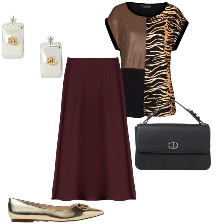 Outfit donna - La blusa semi leopardata. Stile Bon Ton per Serata fuori. Abbinamento con maglieria, gonne longuette, orecchini, ballerine, borse a mano.