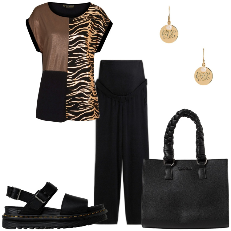 Outfit donna - Una giornata per me. Stile Casual chic per Tutti i giorni. look ideale per Premaman. Abbinamento con maglieria, pantaloni, orecchini, borse a mano, sandali in pelle.