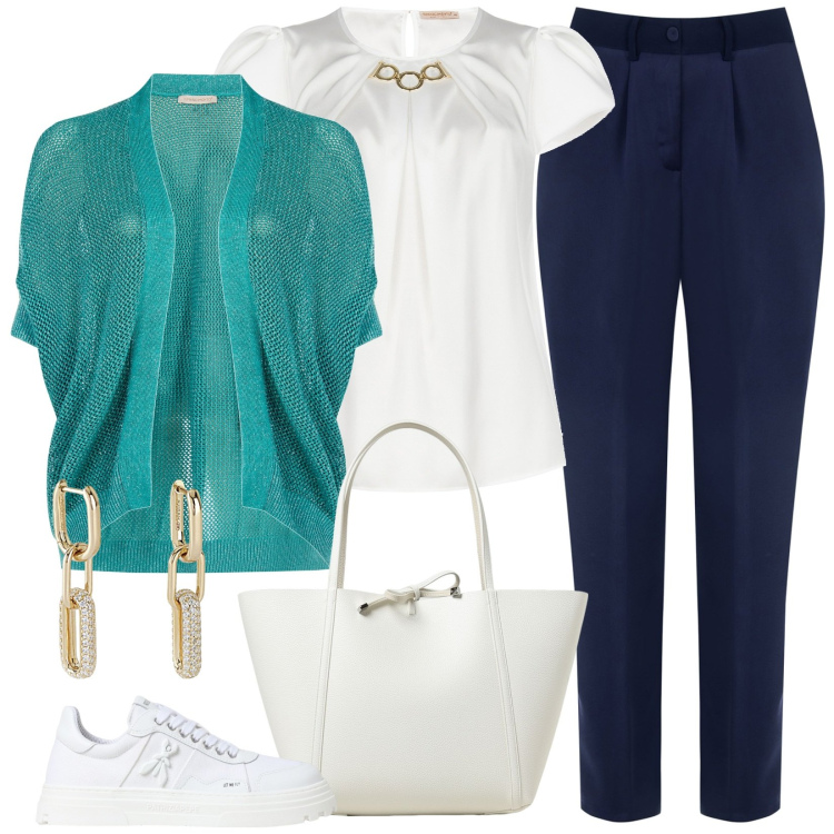Outfit donna - Ritorno in ufficio. Stile Casual per Ufficio. Abbinamento con orecchini, cardigans, pantaloni, bluse, borse a spalla, sneakers.